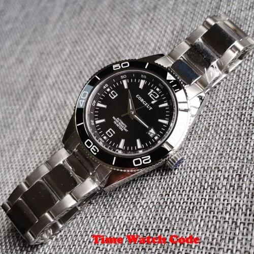 Corgeut 41mm Miyota 8215 Automatic Mens Wristwatch black dial ceramic bezel sapphire glass date window mechanical watch