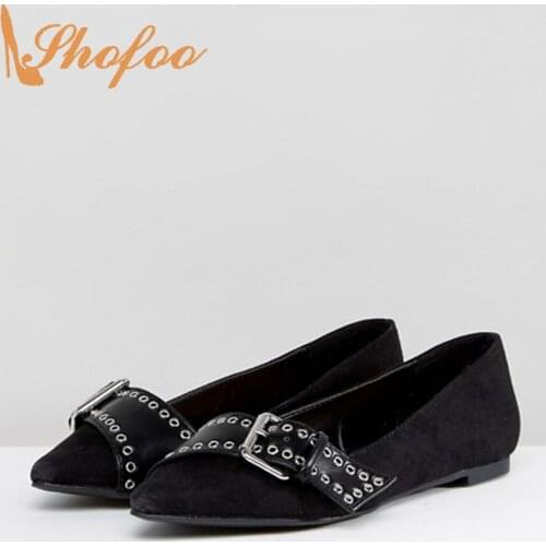 Black Woman Pointed Toe Ballet Flats Slip On Buckle Detaling Shoes Large Size 11 15 Ladies Summer Office Fashion Mature Shofoo