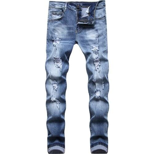 European and American spot hole straight tube fashion sports leisure ground white elastic mens blue jeans