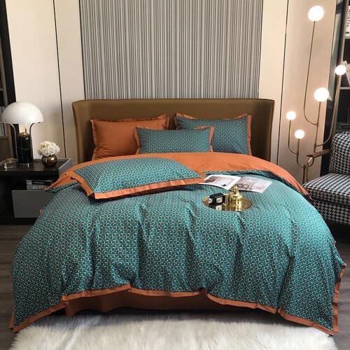 Papa&Mima Green Orange Geometric Luxurious Bedding Set Satin Egyptian Cotton Duvet Cover Set Queen King Size Linens Pillowcases