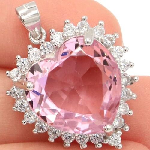 28x20mm Jazaz Princess Cut Heart 6.0g Created Pink Kunzite Pink Morganite Smokey Topaz 925 Solid Sterling Silver Pendant 28x20mm