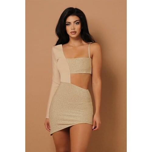 Summer Rayon Bandage Dress Long Sleeve One-Shoulder Above Knee patchwork Bodycon Women Dress Evening Party Dress