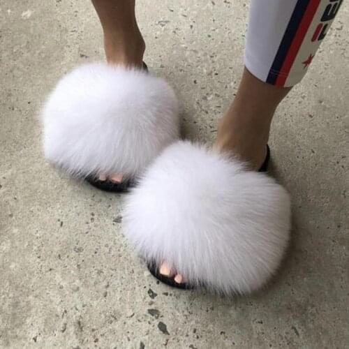 MJF Fur Slippers Women Real Fox Fur Slides Plush Luxury Fashion Mules Sandals Women Summer New 2021 Flat Shoes White Size 5 12