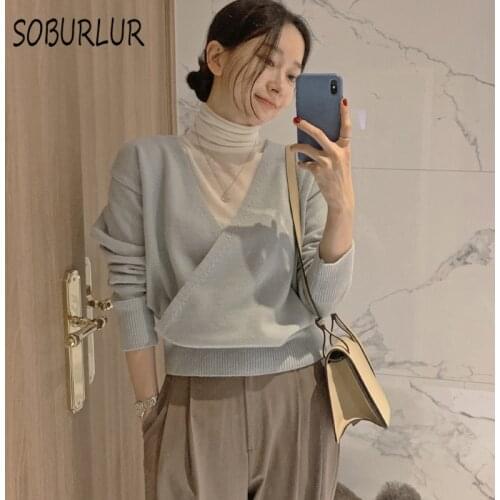 SOBURLUR 2021 New Basic All-match Sweater Elegant Korean Tunics Womens T-Shirts Chic Knitting Crop Tops Woman Clothing Loose