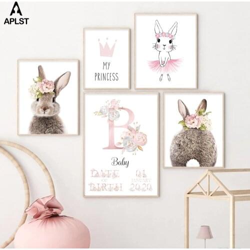 Nursery Animal Poster Custom Personalized Baby Kids Name Birthday Canvas Painting Pink Flower Rabbit Bunny Picture Bedroom Decor