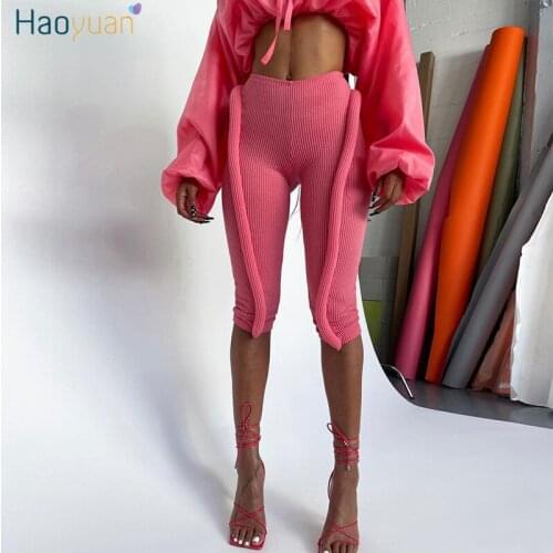 HAOYUAN Sexy Pink Knitted Pencil Pants Pink Trendy Clothes for Women Y2k Streetwear Aesthetic Leggings Cute Cropped Trousers