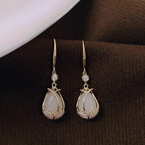 Tulip opal earrings female sterling silver 2021 new trendy atmosphere niche design sense high-end ear hooks