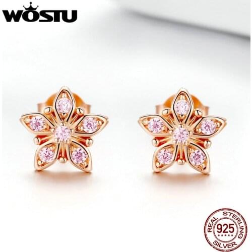 WOSTU Korean Style 925 Sterling Silver Flower Stud Earrings Rose Gold Tiny Earrings For Women Wedding Classic 925 Jewelry FNE034