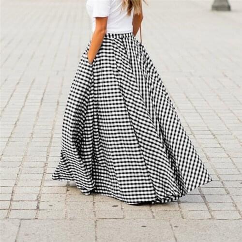 Women Summer Vintage Literary All Match Umbrella Skirt High Waist Slim A Word Plaid Long Skirt Casual Big Swing Check Skirt