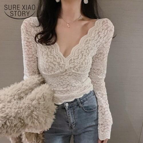 2021 Spring New V-neck Blouse Women Sweet Hollow Lace Sexy Shirt Wave Shape White Tops Fashion Blusas Chic Slim All-match 12255