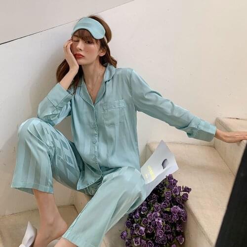 Womens Striped Silk Pajamas Long Sleeve Button Down Satin PJ Set Loungewear Sleepwear Soft Comfy Home Clothes