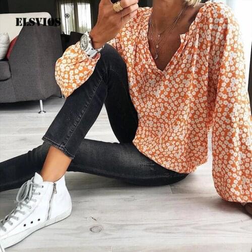 New Summer Women Loose Chiffon Blouse Women V Neck Lantern Sleeve Tops 2021 Ladies Casual Floral Printed Long-sleeve Blouses 2XL