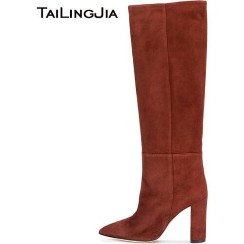 2019 Chunky Heel Knee High Boots Pointed Toe Brown Faux Suede Long Boots High Block Heel Slip On Tall Boot Ladies Winter Shoes