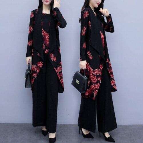 Plus Size 3 Piece Set For Women Jacket Top Wide Leg Pant Suits Outfits Elegant Print Winter Autumn Vintage Matching Clothing