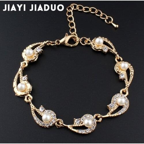 Jiayijiaduo Simulation Pearl Bracelet Ladies Gold Color Link Chain Crystal Bridal Wedding Jewelry Bracelet and Bracelet 802