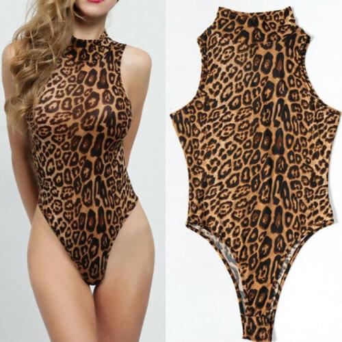 Plus Size S-2XL Women Sexy Sleeveless Turtleneck Leopard Print Slim Fit Skinny Bodysuits Stretch Fashion Leotard Rompers