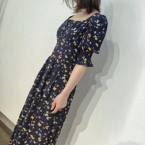Women Butterfly Printed High Waist Square Collar Midi Dress With Buttoned Detail