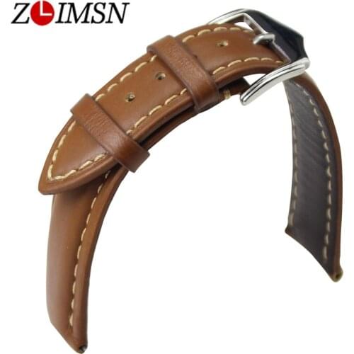ZLIMSN 20mm Watch Men Women Genuine Leather Watch Bands Strap Light Brown Watchbands Replacement Belt Stainless Steel Buckle
