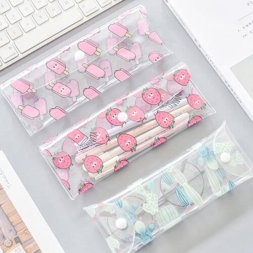 1pc Snap Fastener Transparent PVC Fruit Plant Pencil Case Pen Box Pencil Bag Stationery Storage Student School Supply Girl Gift