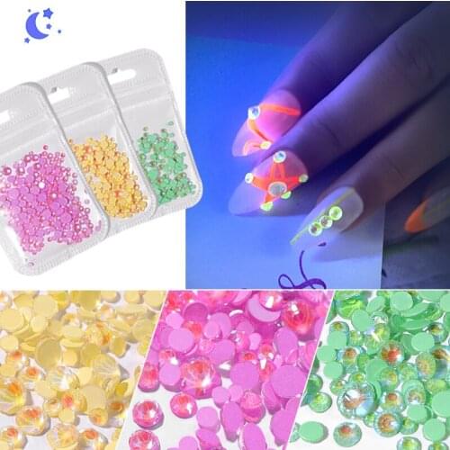1Pack Luminous Crystal AB Nail Rhinestones Mix Size Glitter Glass Gem 3D Charm Flatback Strass Fluorescence Nail Art Decorations