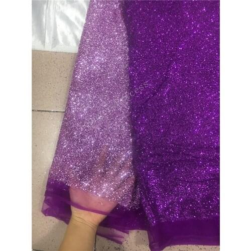 Shinny purple african glitter tulle fabric sparkly YG-317 glued glitter sequins lace fabric for fashion show or wedding