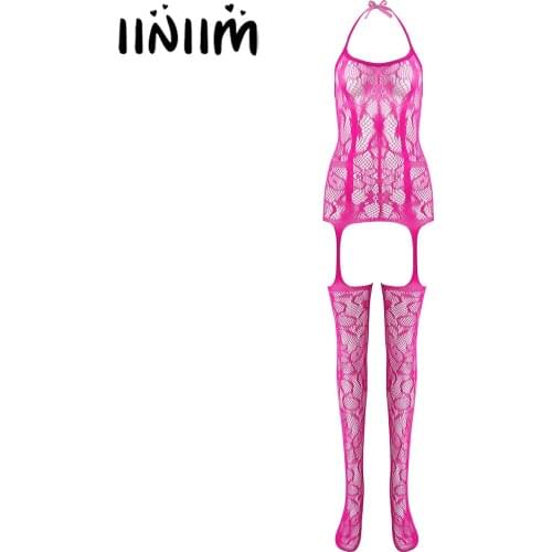 Women See-through Mesh Halter Lace-up Bodystocking Sleeveless Crotchless Cutout Bodysuit Nightwear
