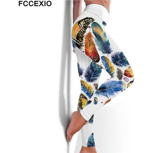 FCCEXIO High Waist Fitness Elastic Leggings Fashion Colorful Feathers 3D Print Sexy Plus Size Leggins Casual Workout Sport Pants