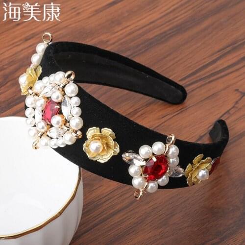 Haimeikang New Edition Baroque Crown Full Rhinestone Handmade Hair Bands Red Crystal Velvet Wide Headband Wedding Hair Jewelry