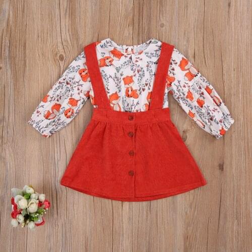 Little Girls Two Piece Set Lapel Long Sleeve Fox Grass Printed and Children Button Strapless Red Skirt Suit 6 Months to 5 Years