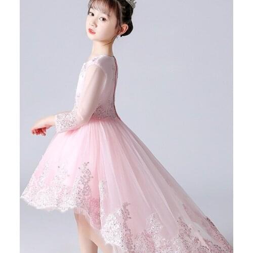 Summer Pink Tailed Lace Dress Princess Dress Children Wedding Dress Children Performance Dress Net Sleeve