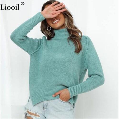 Liooil Casual Side Slit Sweater Long Sleeve Mock Neck Green Sweaters For Women Ladies Asymmetrical Pullovers Autumn Winter 2021