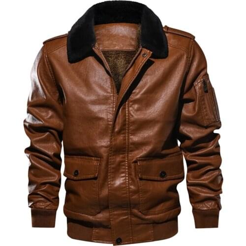 Euro Size Winter Fleece PU Leather Jacket Men Casual Fur Collar Luxury Retro Coats Motorcycle Bomber Pilot Faux Leather Jackets