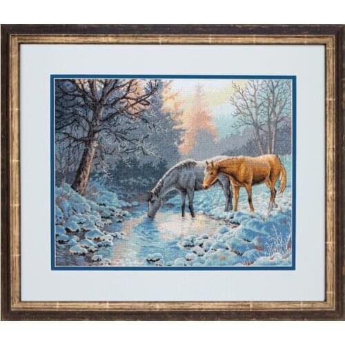Frosty Morning Snow Winter Two Horses Drink in the River Cross Stitch Kits Embroidery Needlework 14CT Unprinted DIY Handmade Art