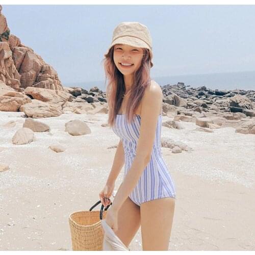 2021 New Swimwear One Piece Swimsuit Womens Blue Striped Swimming Wear Padded Bathing Suits Beachwear Solid Monokini