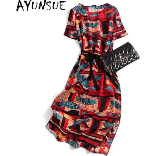 AYUNSUE Retro spring summer dress women silk floral midi dress elegant vintage short sleeve dresses for women party 2021 KJ7071
