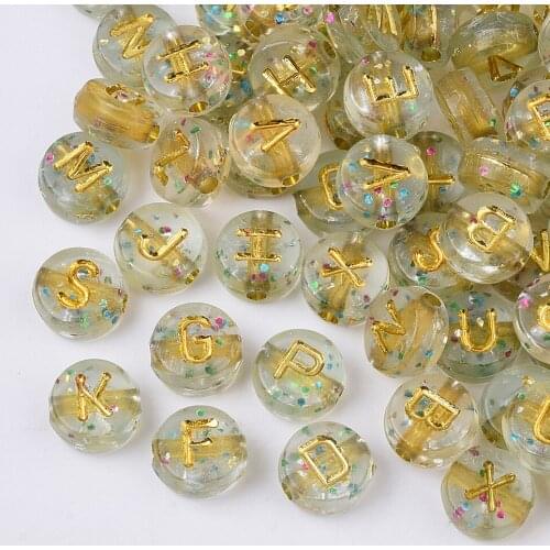 200pcs 7x4mm Plating Transparent Acrylic Beads with Glitter Powder Flat Round Letter For DIY Jewelry Making , Hole: 1.5mm