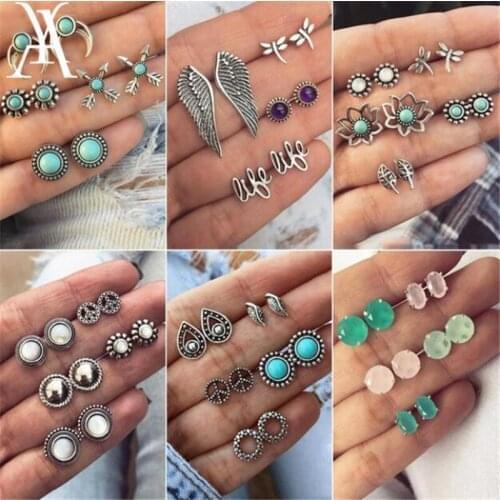 Vintage Geometric Angel Wing Dragonfly Flower Leaf Stud Earrings Set Bohemian Crystal Stone Earrings for Women Fashion Jewelry