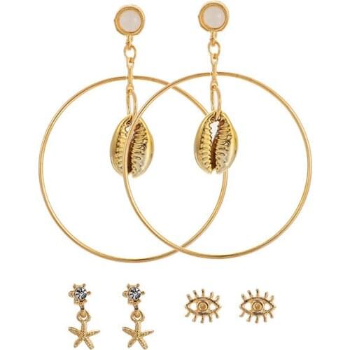 Boho 3 Pairs/set Seashell Star Evil Eye Earrings for Women Starfish Shell Circle Stud Earrings Ear Gold Summer Beach Jewelry