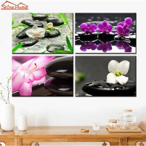 ShineHome-4 Pieces Canvas Modular Wall Painting Printing Black Zen Stone Flower Yoga Spa Salon Nail Body Massage Picture Artwork