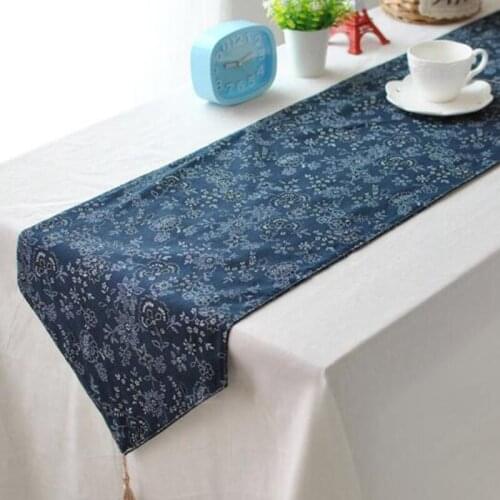 Chinese Style Navy Floral Table Runner Tea Table Cloth Hotel Household Floral Table Flag Party Wedding Decoration Home Textile