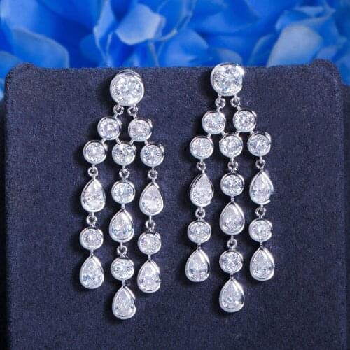 ThreeGraces Sparkling White Cubic Zirconia Long Dangle Tassel Geometric Chandelier Earrings for Ladies Wedding Jewelry ER660