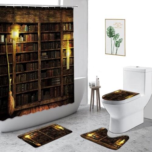 Retro Magic Bookshelf Waterproof Shower Curtain Nostalgic Wood Grain Art Deco Bath Curtains Set Non-Slip Bath Mat Toilet Cover