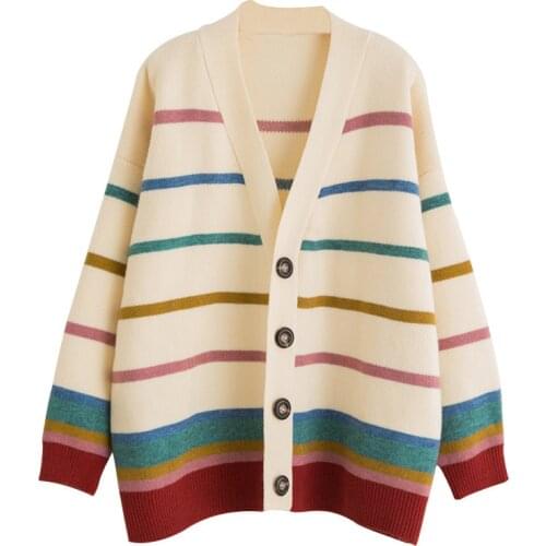 2020 Womens Sweaters Autumn Winter Casual Striped V-Neck Cardigans Button Cardigans Long Sleeve Loose Sweater