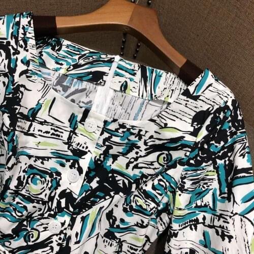 100% Runway Fashion Autumn Cotton Women Half Sleeve Slash Neck Contrast Color Print Midi Party Holiday Dress