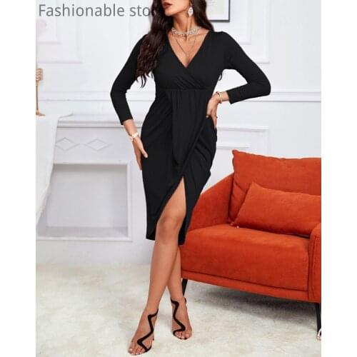 Women Sexy Deep V Collar Ruched Long Sleeve Asymmetrical Dress
