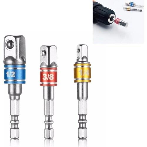 1Set/3pcs Hex Drill Power Bit Socket Drive Adaptor Exension 1/4" 3/8" 1/2" Socket Bit Adaptor Hex Shank With Fixed Collar Rings