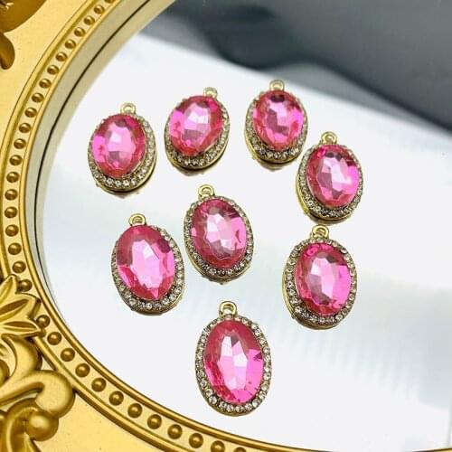 10Pcs Pink Oval Shape Crystal Charms Shiny Rhinestone Pendant For Necklace Earring Jewelry Making Handmade Crafts DIY Supplies