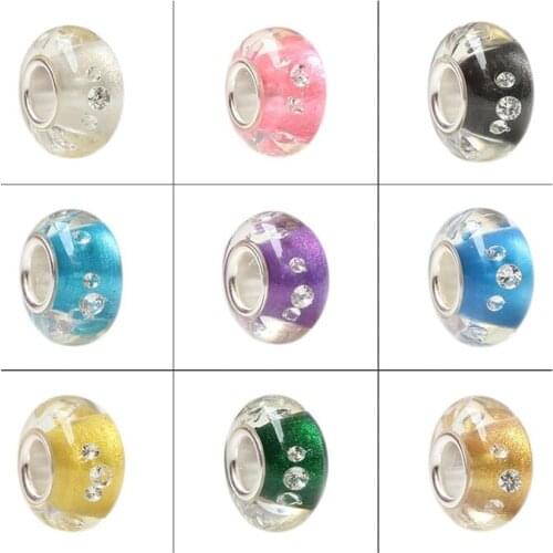 100% 925 Sterling Silver Large Hole Rhinestoner Inside Murano Glass European Charm Beads Fit Brand Bracelet Jewelry 5 Colors