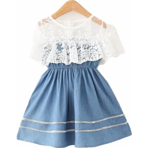 2019 Summer Girls Lace Denim Dresses Baby Girl Birthday Party Princess Jeans Dress For 2 3 4 5 6 7 yrs Kids Childrens Clothing