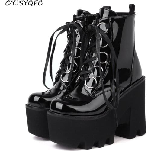CYJSYQFC Punk Street Cool Women Block High Heels Platform Ankle Boots Lace Up Thick Bottom Combat Boots Black Motorcycle Boots